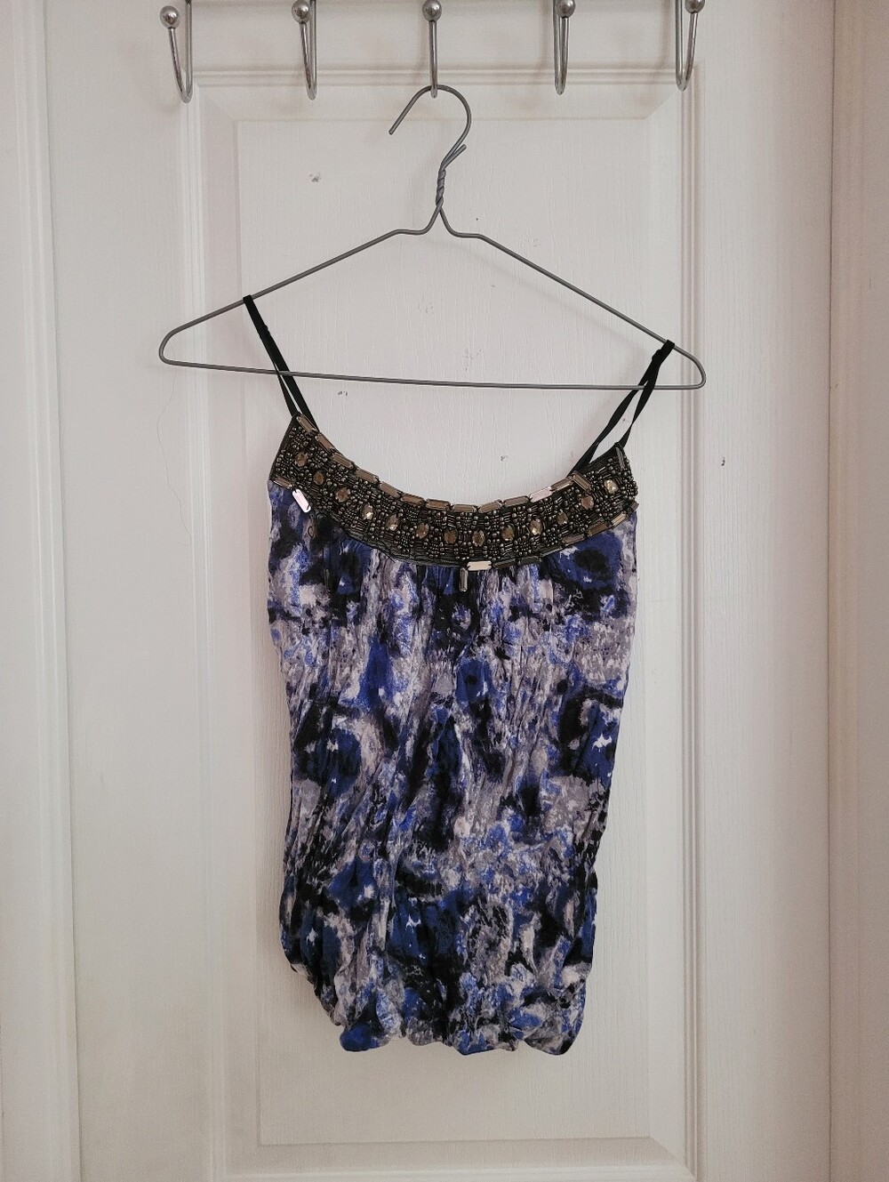 Beaded Neckline Blue & Black Print Women's Tank Top